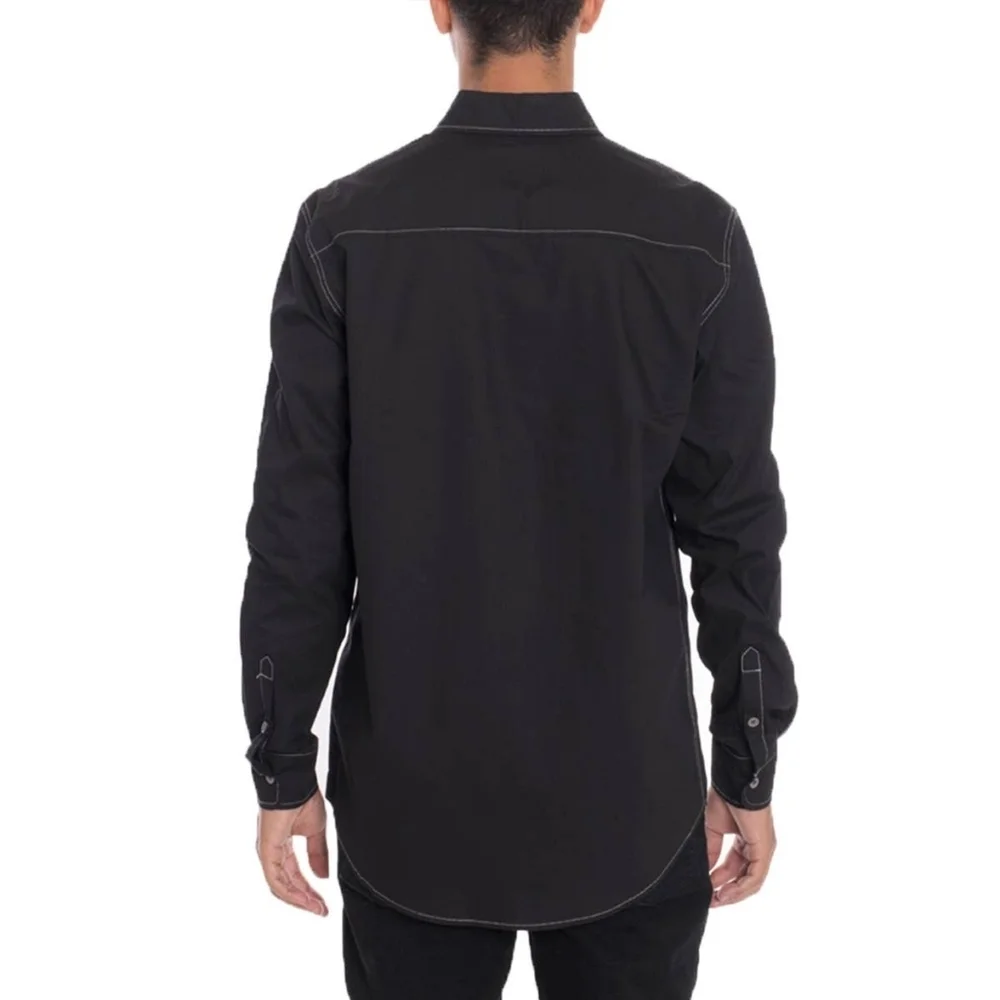 Men's 100% Cotton White Contrast Stitch Black Long Sleeve Button Down Shirt